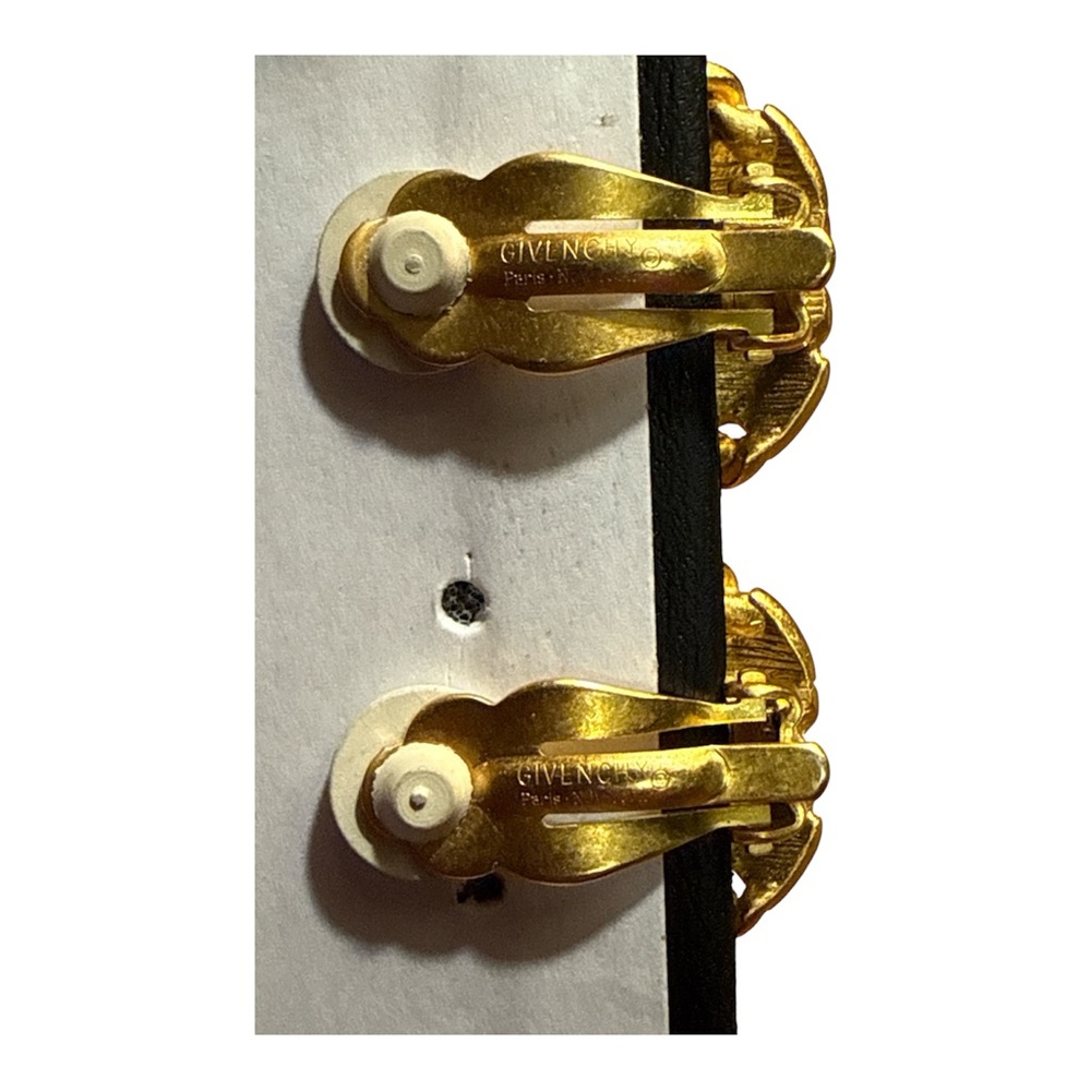 Vintage Givenchy Gold Tone Faux Pearl Greek Key Clip Earrings Signed - Picture 3 of 4